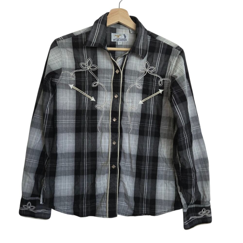 Panhandle Slim Retro Western Wear Plaid Horse Bridle Stitch Snap Front Shirt M